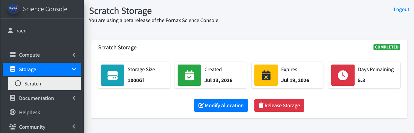 Scratch Storage management page on the Fornax Dashboard, showing the configuration of the user's current scratch space (storage size, created date, expiration date, and days remaining) and buttons to modify or release the storage space.