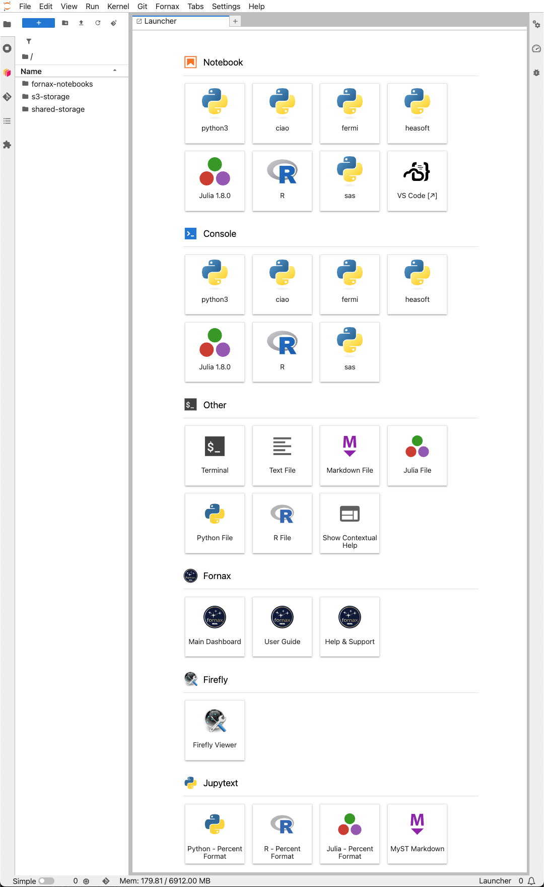 JupyterLab opening page with some Fornax customizations, as deployed in the Fornax Science Console.