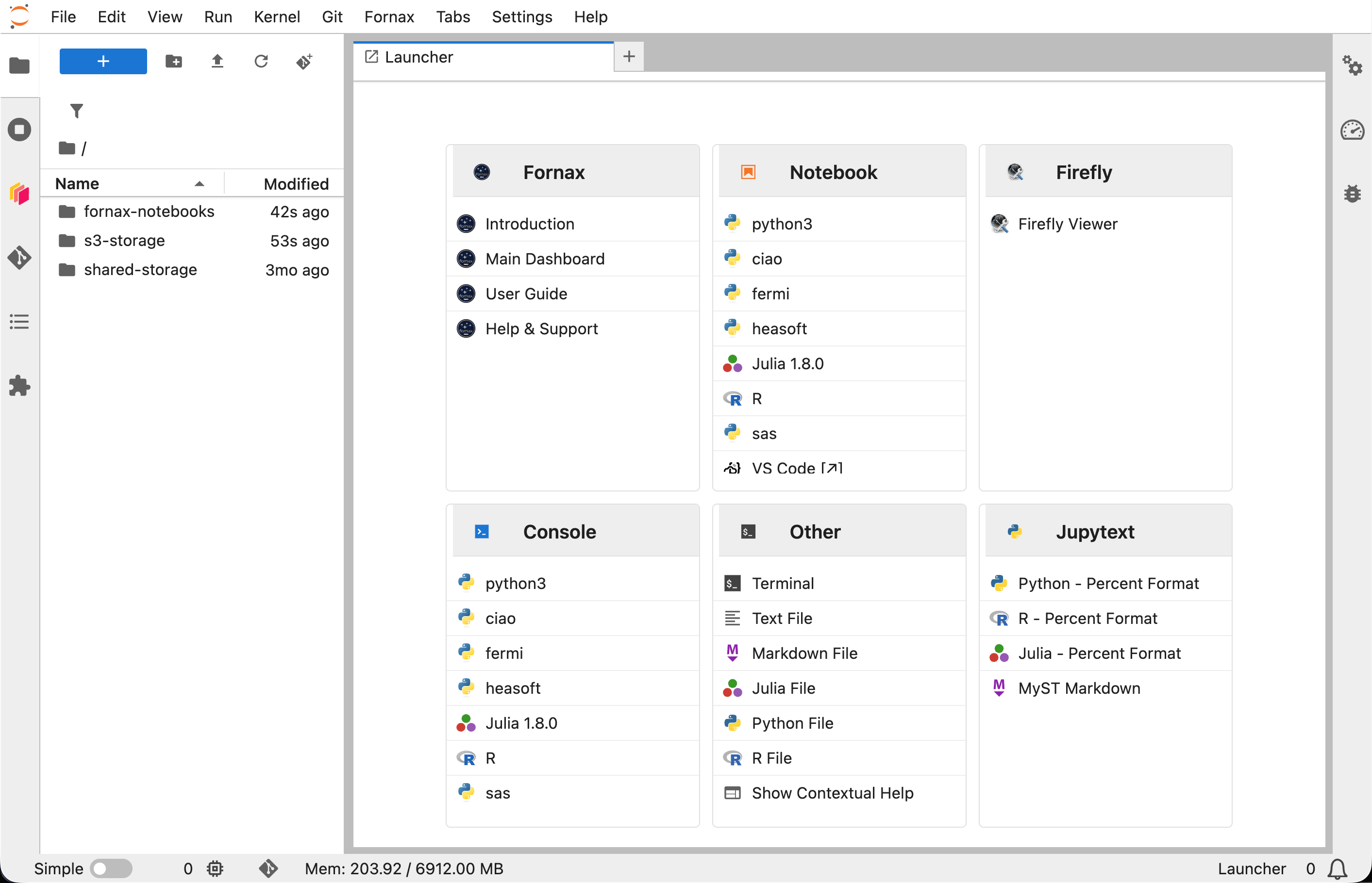 JupyterLab opening page with some Fornax customizations, as deployed in the Fornax Science Console.