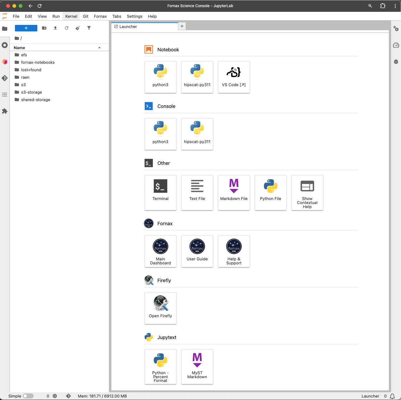 JupyterLab opening page with some customization as deployed in the Fornax Science Console