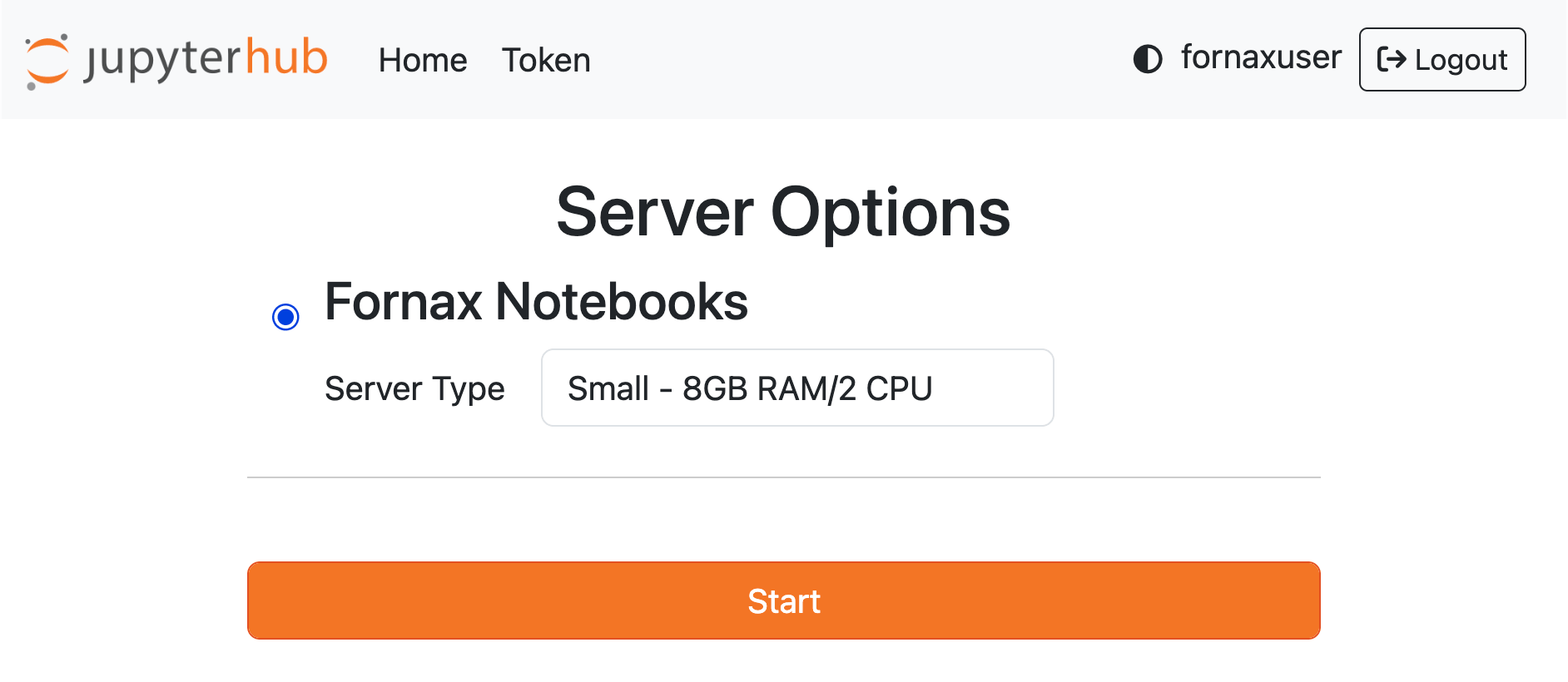 JupyterLab server options menu as deployed in the Fornax Science Console
