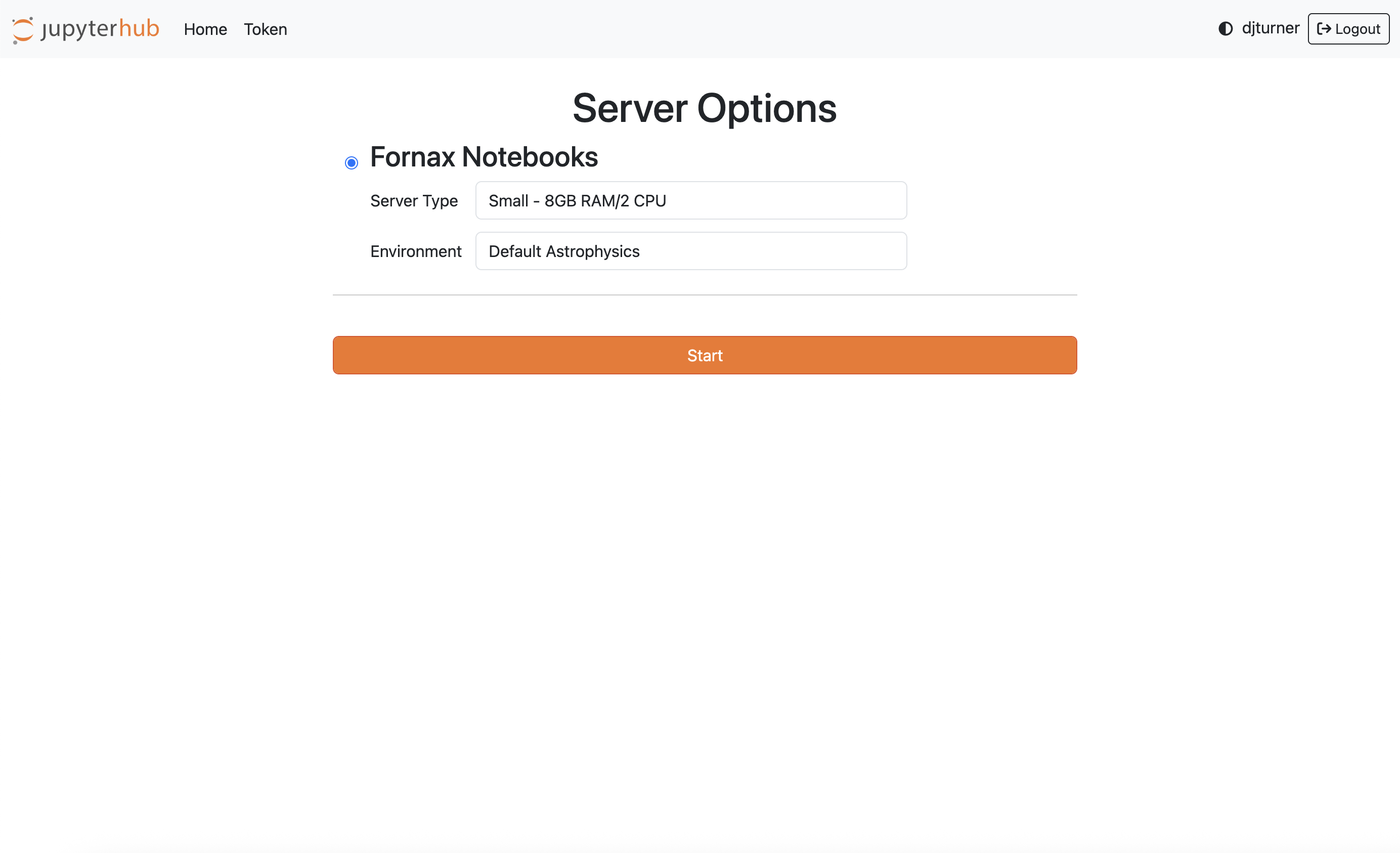 JupyterLab server options menu as deployed in the Fornax Science Console