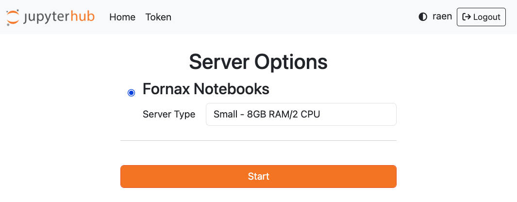 JupyterLab server options menu, as deployed in the Fornax Science Console.