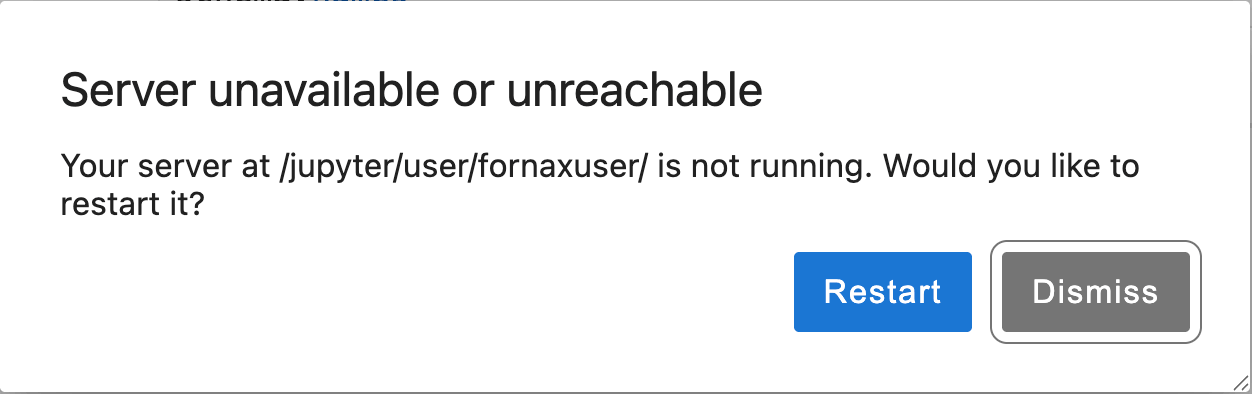A pop-up dialog titled "Server unavailable or unreachable" with the message that the server is not running and buttons to Restart or Dismiss.